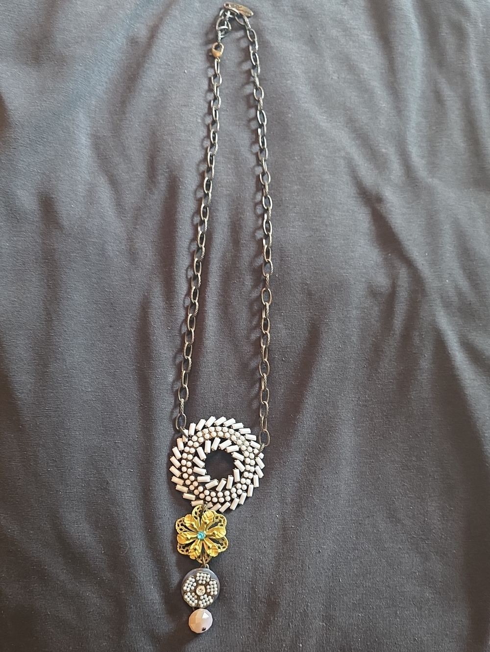 Plunder Black Chain Necklace with Silver Spiral and Gold Flower Accents